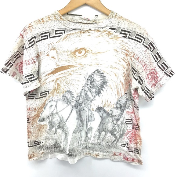 VINTAGE Single Stitch 80s All Over Native American Print Cropped Top - Picture 2 of 13